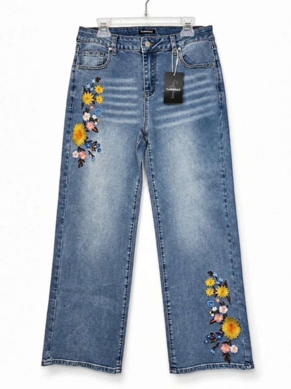 Flamingals Floral Embroidery High Waist Wide Leg Jeans Blue